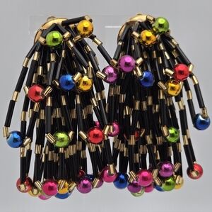 Vintage Multicolor Beaded Waterfall Clip-On Earrings Retro Fringe